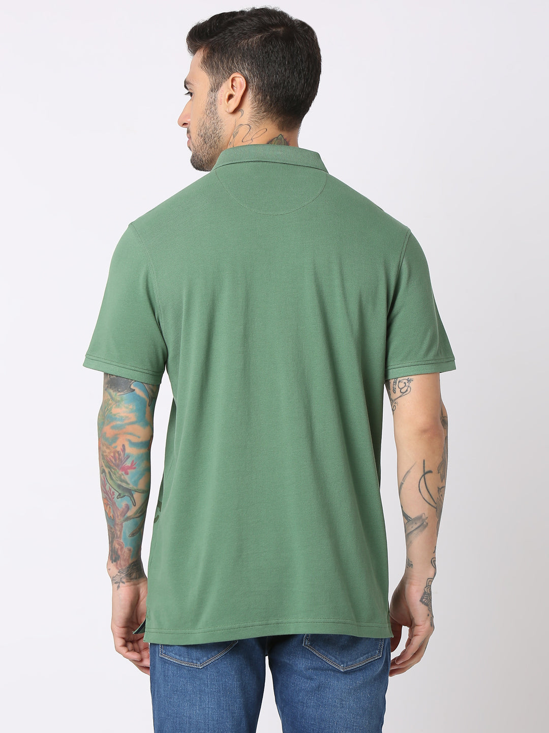 Spykar Men Dark Sage Green Cotton Regular Fit Polo Plain T-Shirt