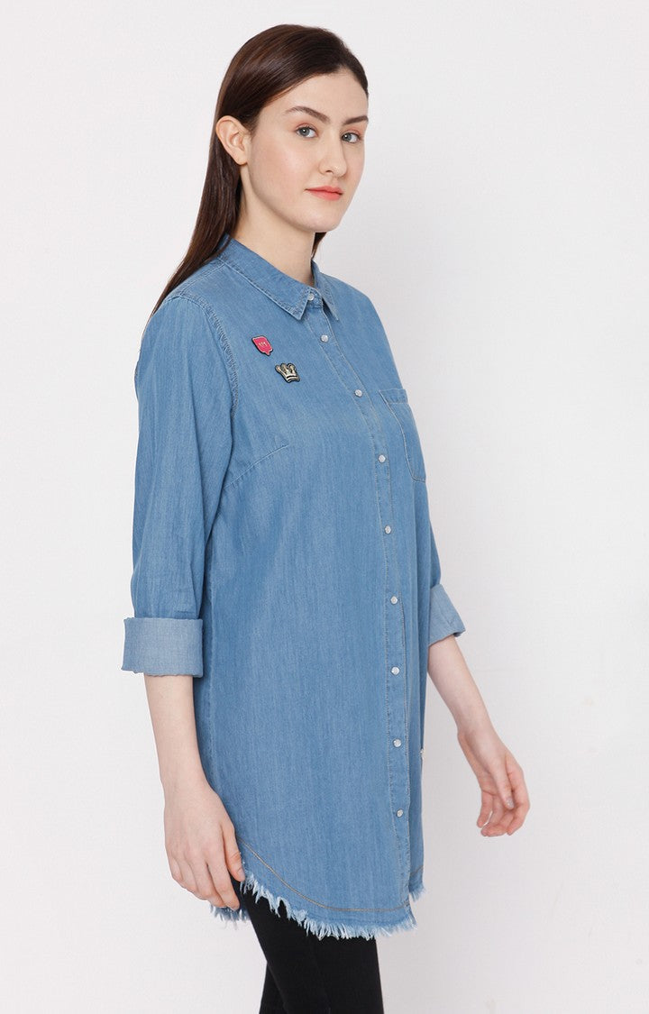 Spykar Blue Cotton Regular Fit Shirts For Women