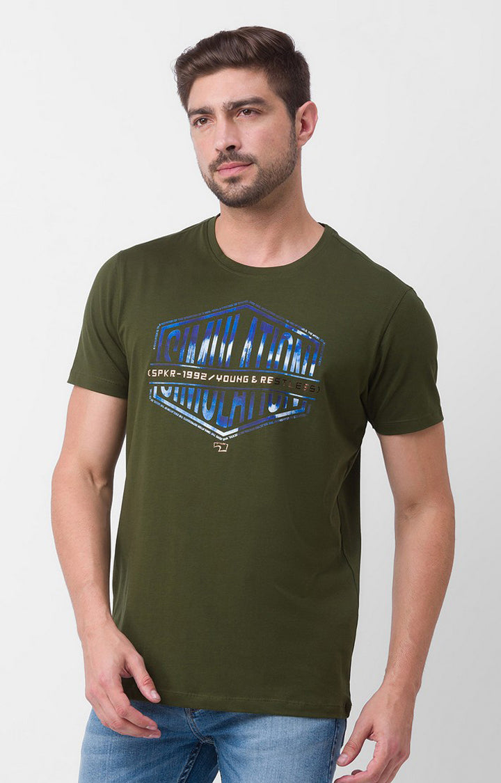 Spykar Rifle Green Cotton Half Sleeve Printed Casual T-Shirt For Men