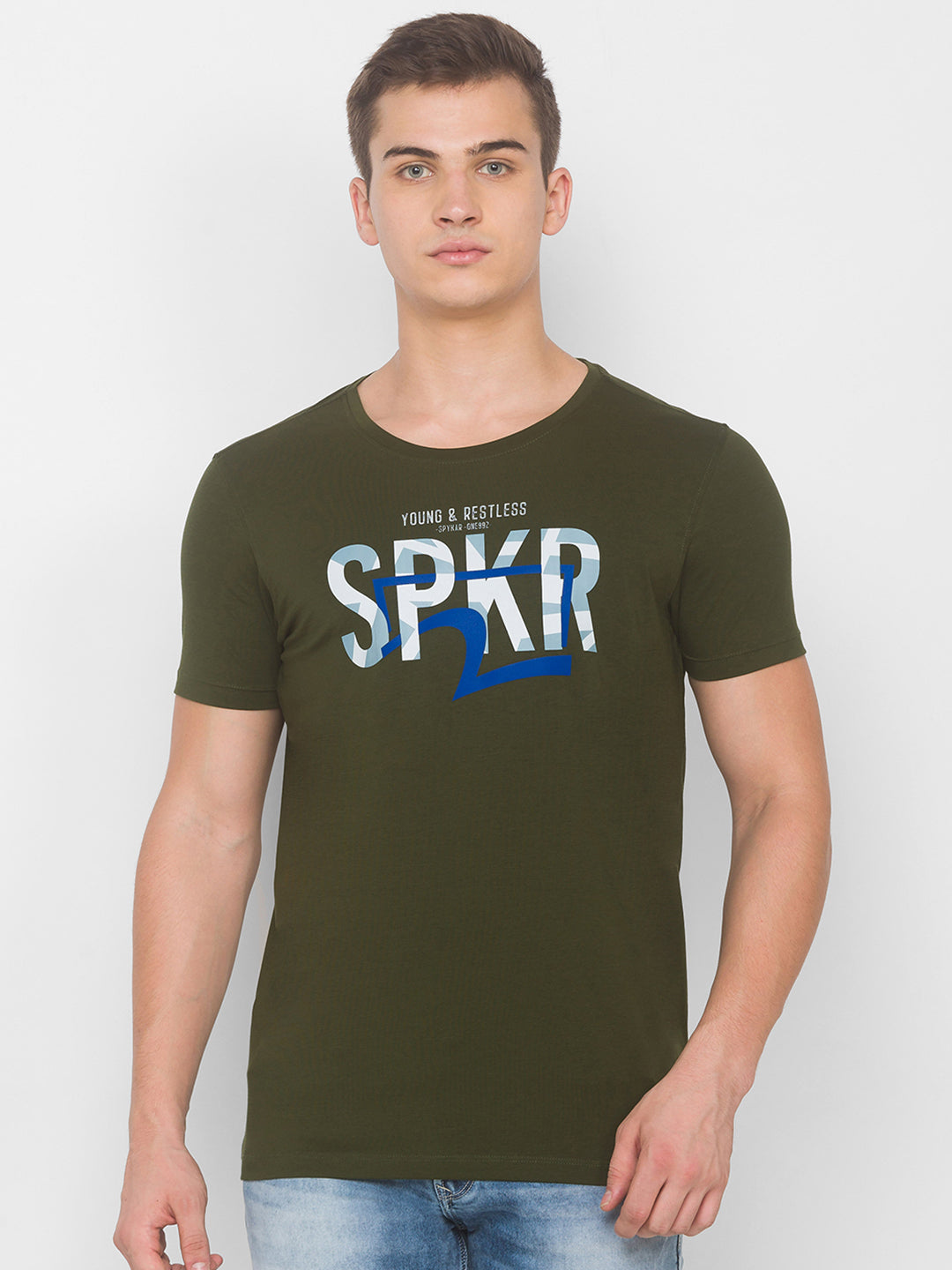 Spykar Men Green Cotton Slim Fit Round Neck T-Shirt