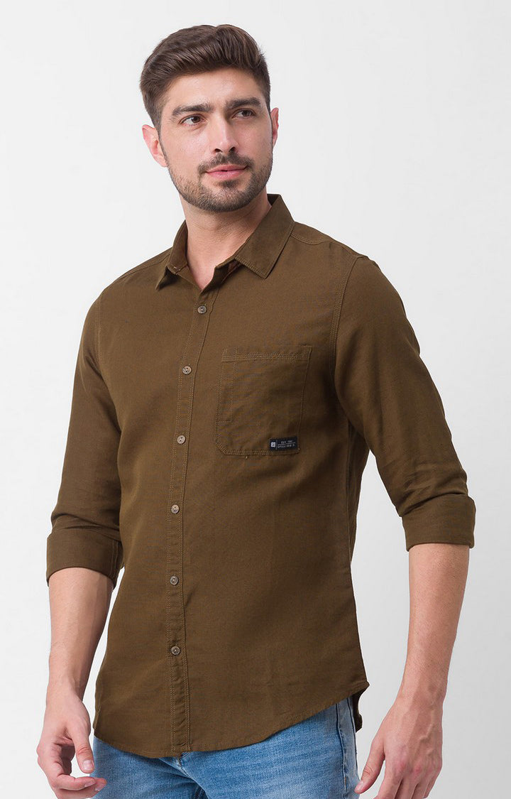 Spykar Military Green Cotton Full Sleeve Plain Shirt For Men