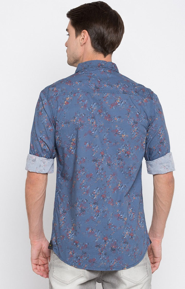 Spykar Men'S Blue Cotton Printed Casual Shirts