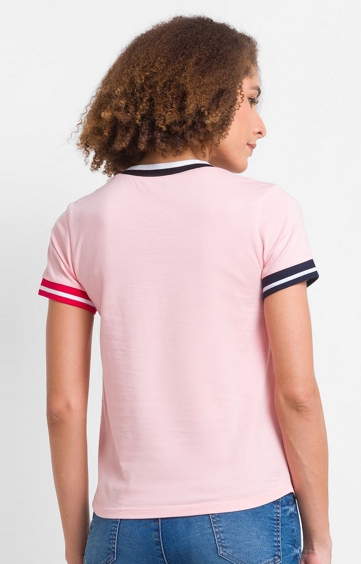 Spykar Baby Pink Cotton Blend Half Sleeve Colourblocks Casual T-Shirts For Women