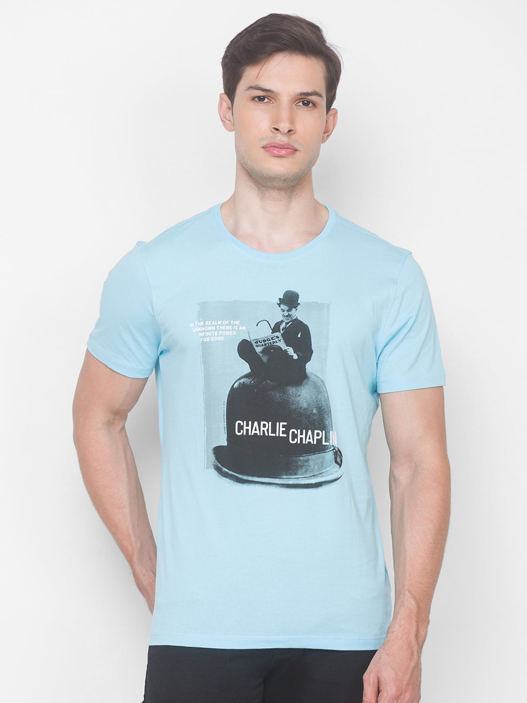 Charlie Chaplin Spykar Men Blue Cotton Slim Fit Round Neck T-Shirt