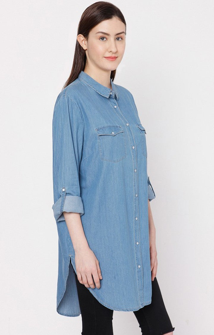 Spykar Women Mid Blue Cotton Regular Fit Denim Shirt