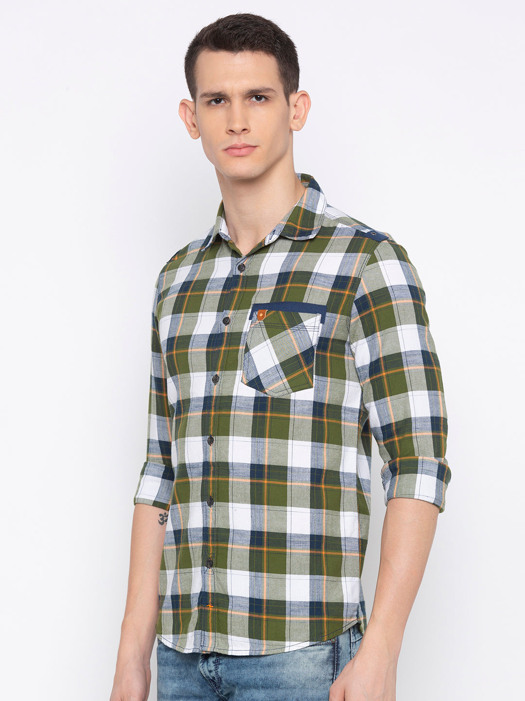 Spykar Men Olive Checked Slim Fit Casual Shirt