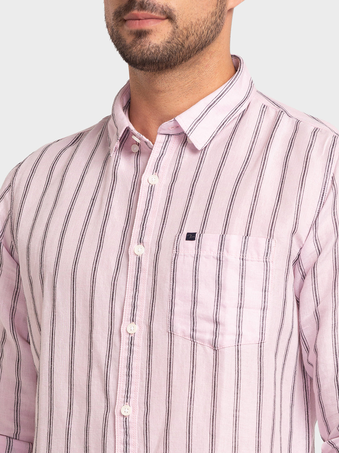 Spykar Powder Pink Cotton Full Sleeve Stripes Shirt For Men