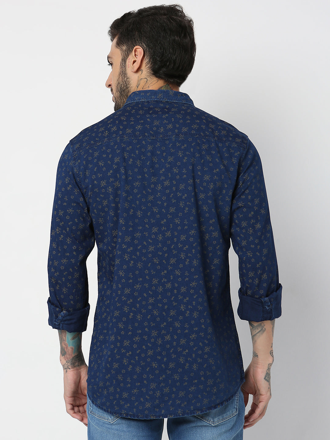 Spykar Men Indigo Blue/Khaki Cotton Slim Fit Printed Shirts