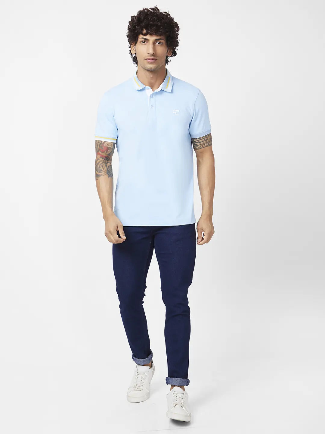 Spykar Men Powder Blue Blended Slim Fit Half Sleeve Polo Neck Plain Tshirt