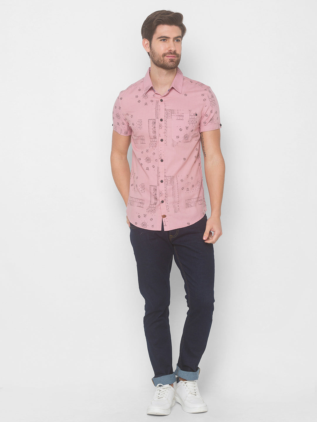 Spykar Men Tan Pink Cotton Slim Fit Shirt