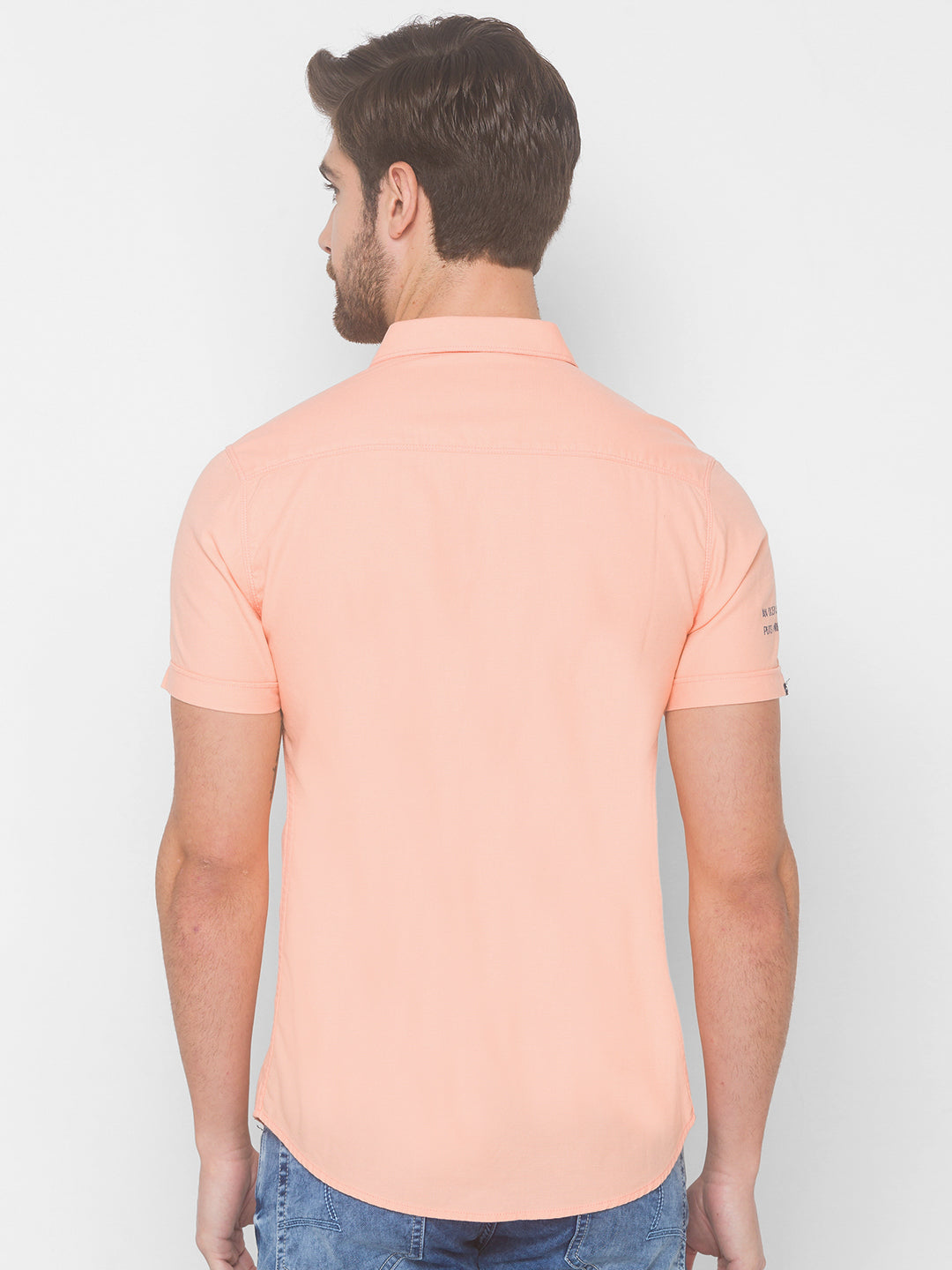 Spykar Men Light Peach Cotton Slim Fit Shirt