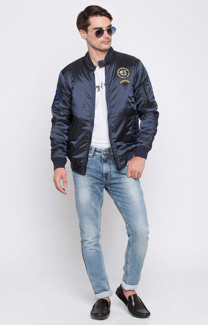 Spykar Men Navy Solid Regular Fit Bomber Jacket