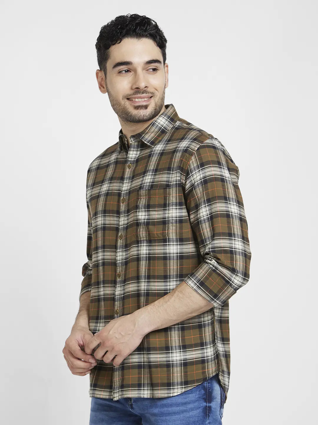 Spykar Men Military Green Cotton Regular Slim Fit Full Sleeve Checkered Shirt