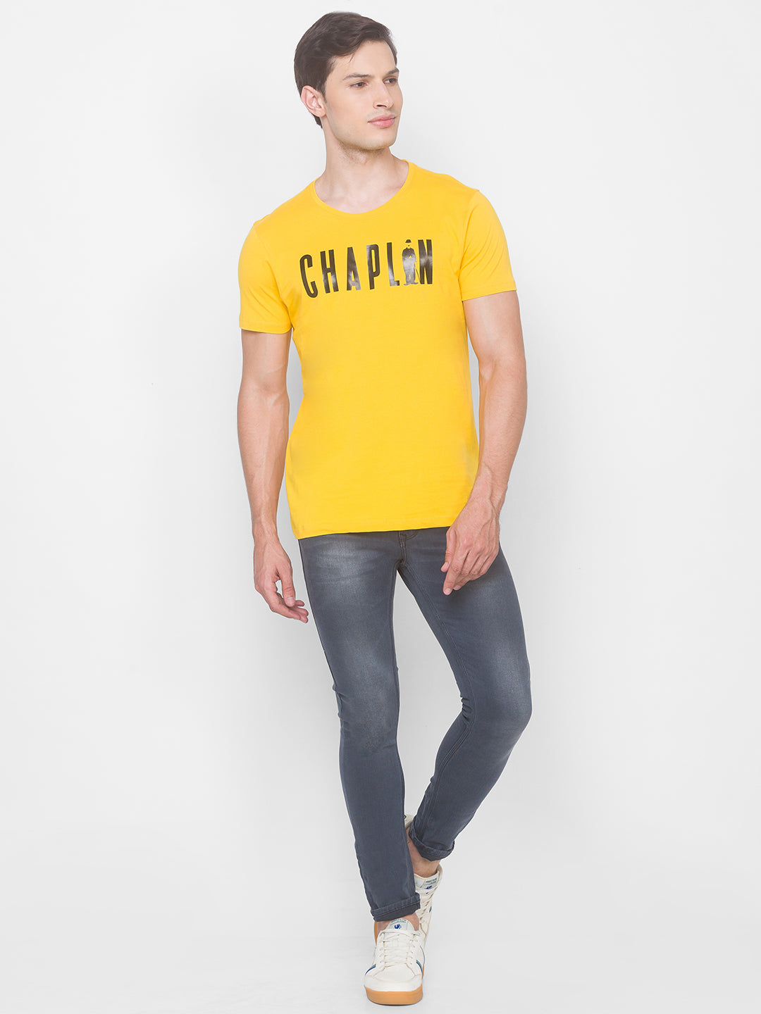 Charlie Chaplin Spykar Men Yellow Cotton Slim Fit Round Neck T-Shirt