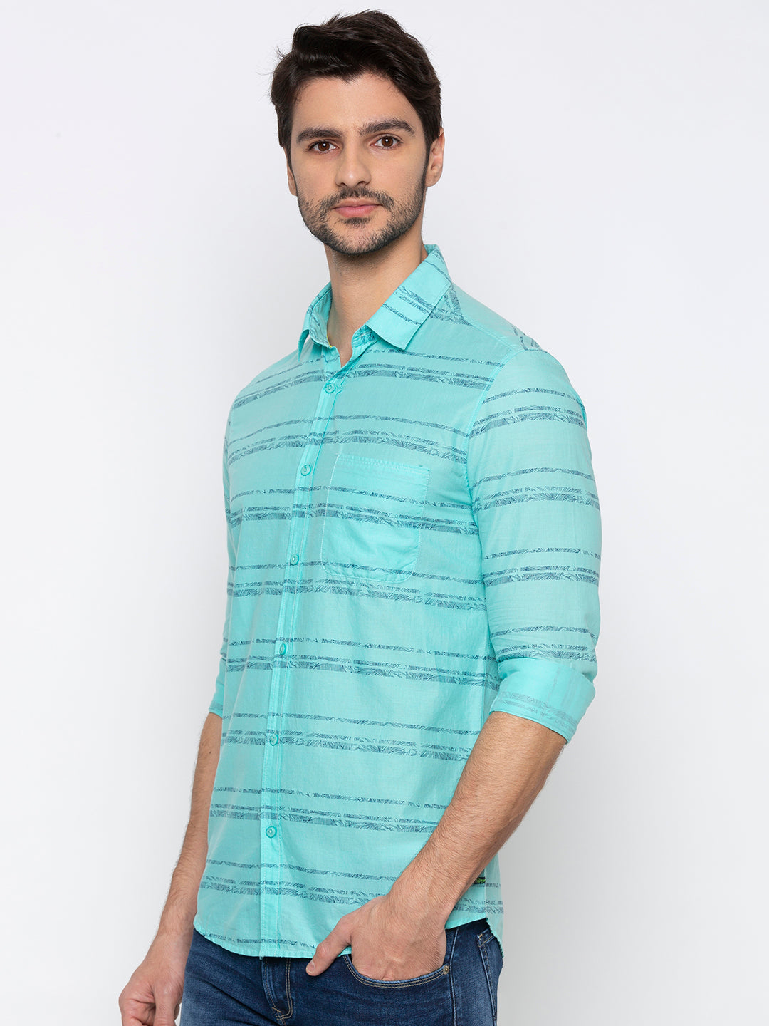 Spykar Men Aqua Green Cotton Slim Fit Shirt