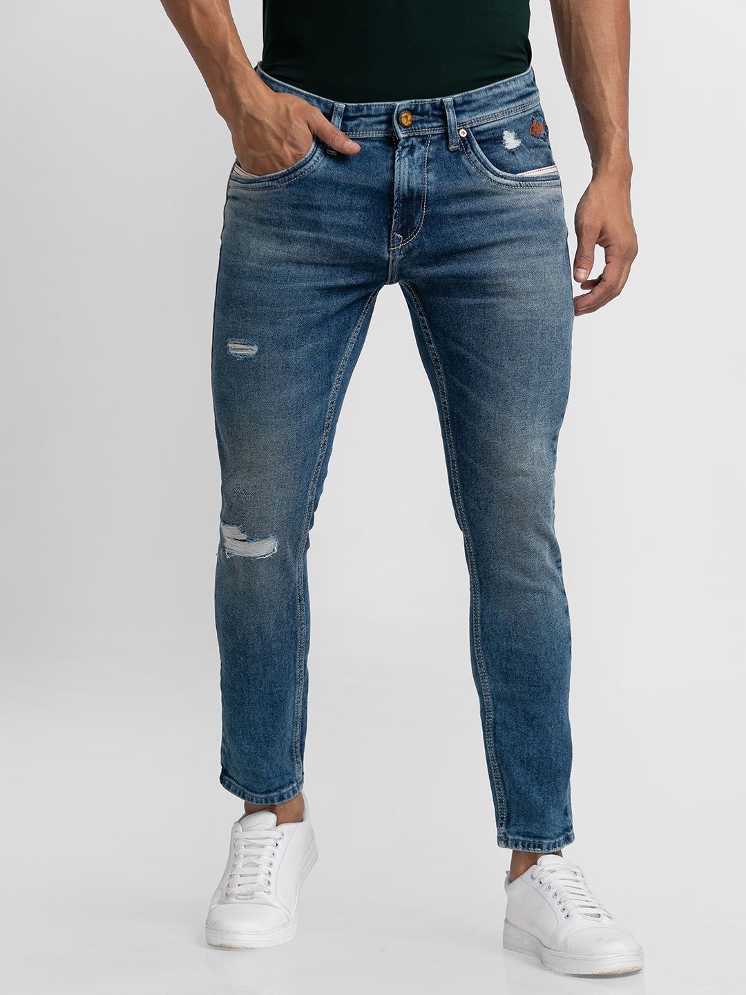 Spykar Vintage Blue Cotton Slim Fit Tapered Length Jeans For Men (Kano)