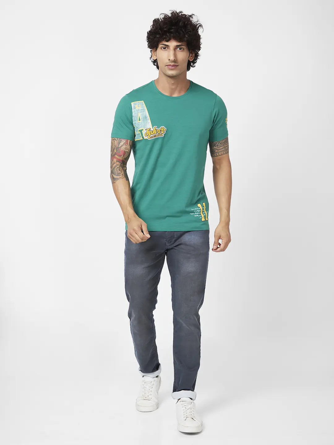 Spykar Men Dark Green Blended Slim Fit Half Sleeve Round Neck Casual Printed Tshirt
