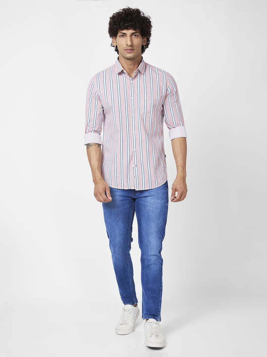 Spykar Men Dusty Pink Cotton Regular Slim Fit Full Sleeve Casual Striped Shirt