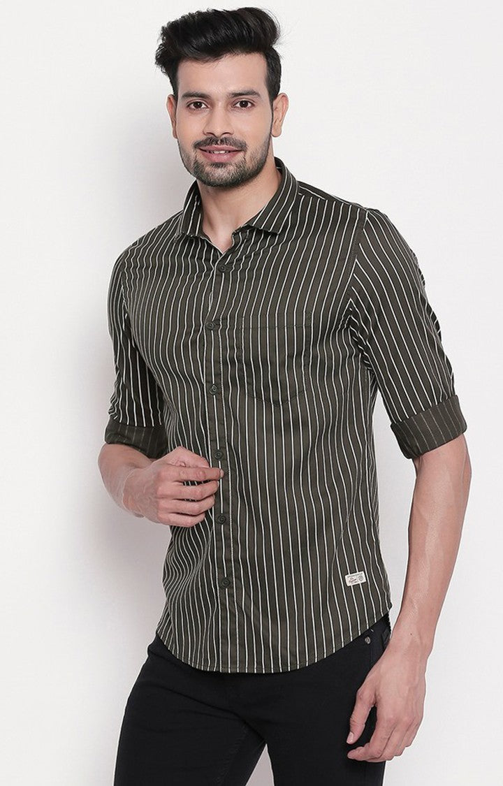 Spykar Men Olive Cotton Slim Fit Striped Shirt