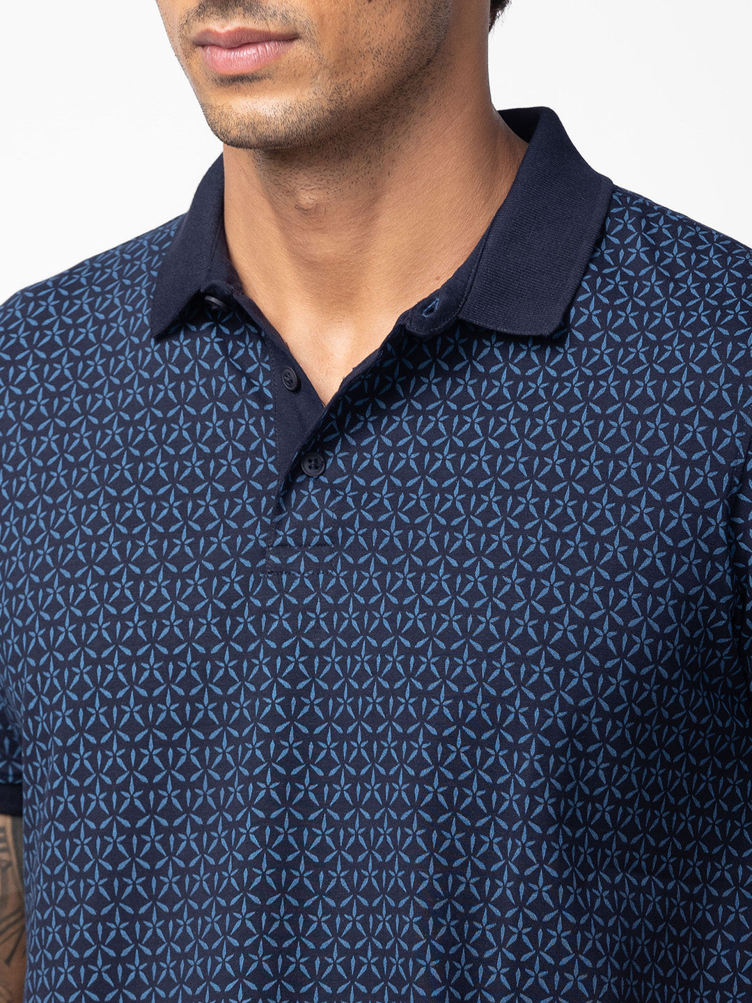 Spykar Men Navy Blue Cotton Regular Fit Half Sleeve Printed Polo T-Shirt