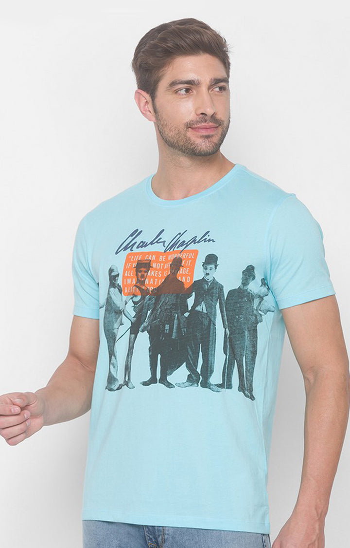 Charlie Chaplin Spykar Men Sky Blue Cotton Slim Fit Round Neck Printed T-Shirt