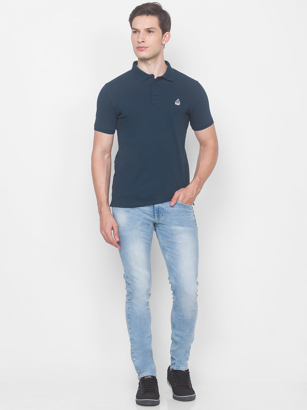 Spykar Men Blue Cotton Slim Fit Polo T-Shirt