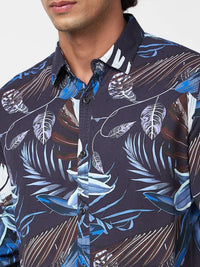 Spykar Men Indigo Blue Viscose Regular Slim Fit Full Sleeve Causal Printed Shirt