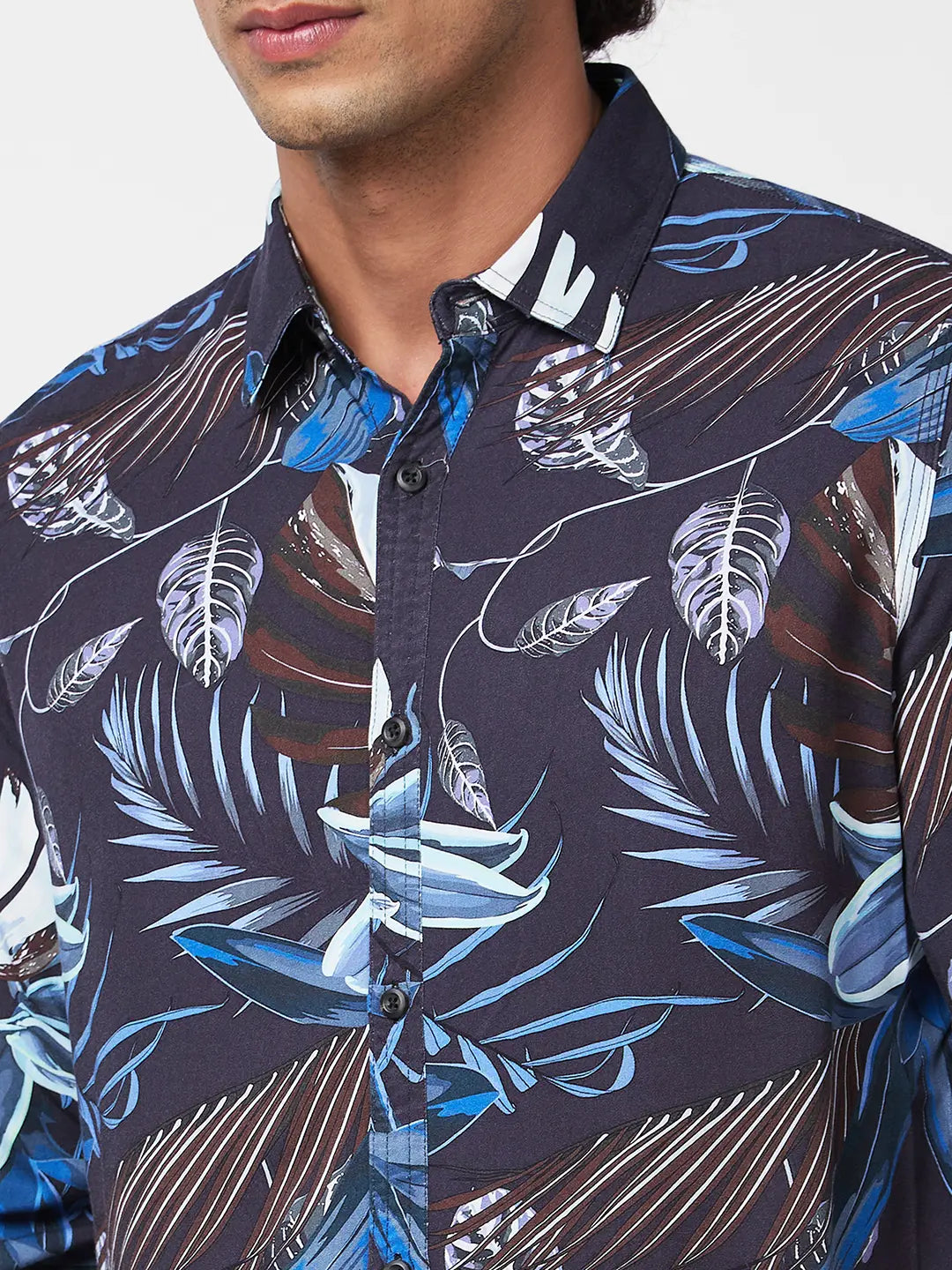 Spykar Men Indigo Blue Viscose Regular Slim Fit Full Sleeve Causal Printed Shirt