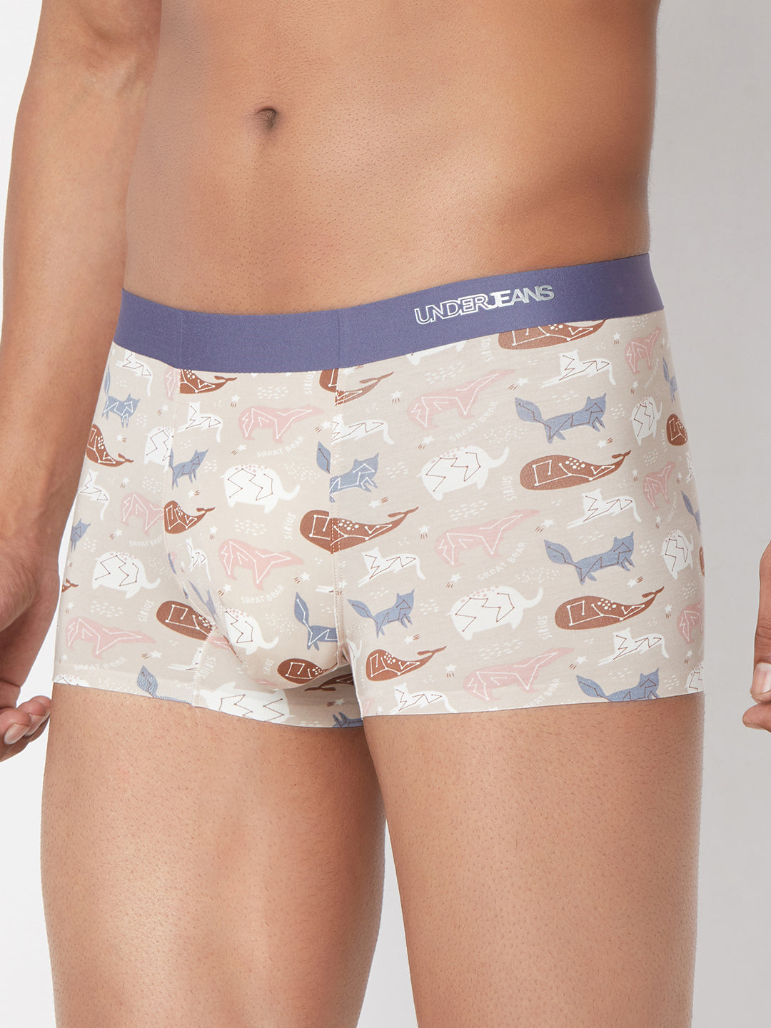 Men Beige Printed Super Premium Bonded Elastic Trunk - Underjeans By Spykar