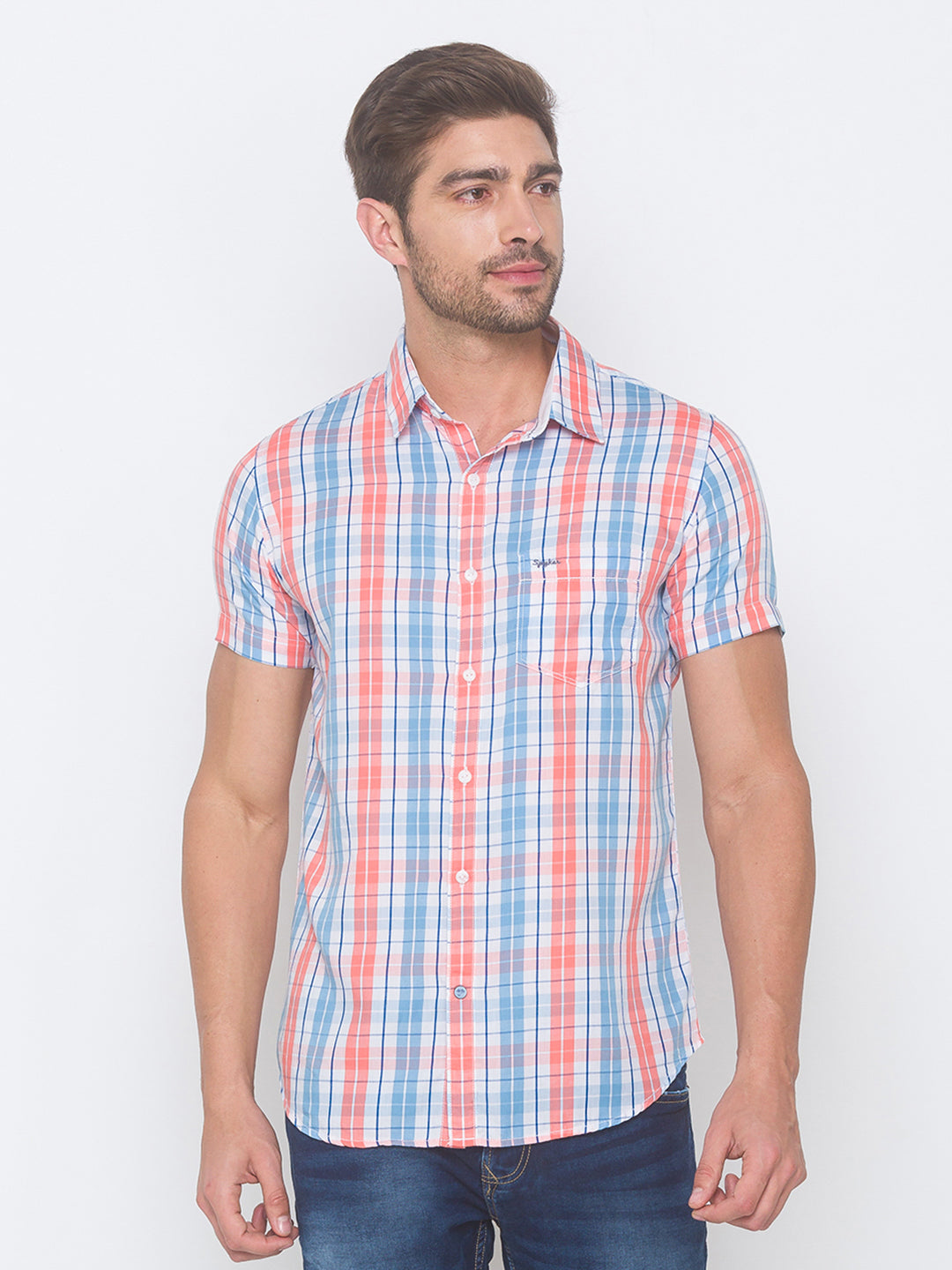 Spykar Men Light Peach Cotton Slim Fit Shirt