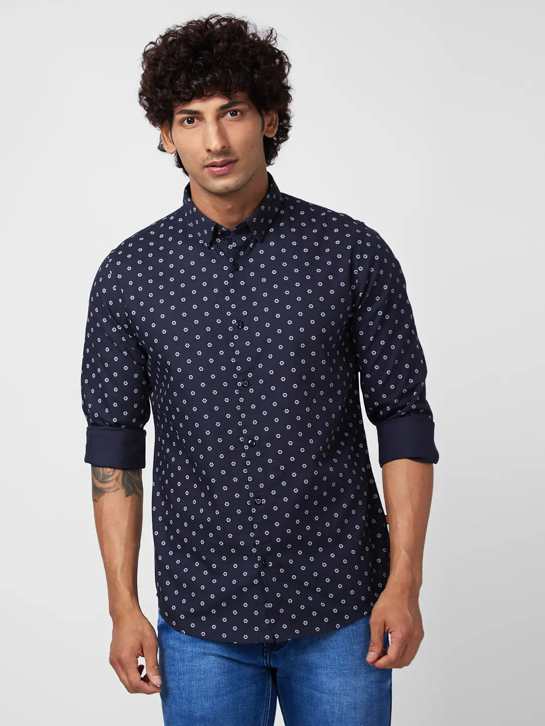 Spykar Men Navy Blue Cotton Regular Slim Fit Full Sleeve Causal Printed Shirt