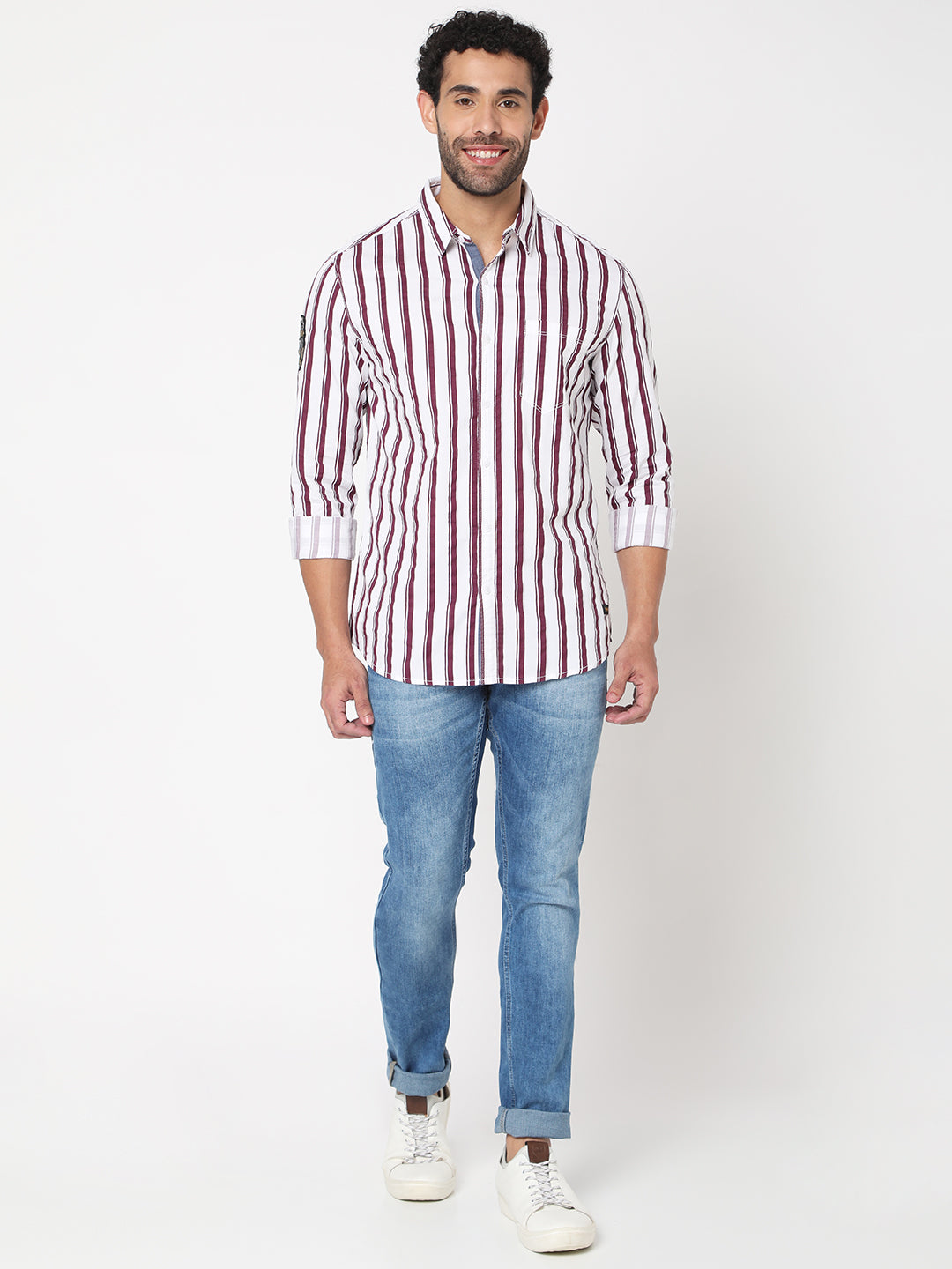 Spykar Men Plum Red Cotton Slim Fit Full Sleeve Striped Shirt