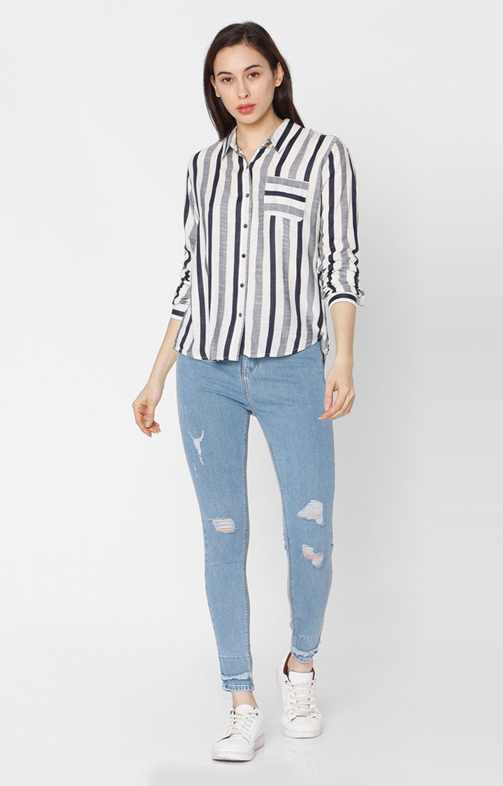 Spykar Women White Viscose Striped Casual Shirts