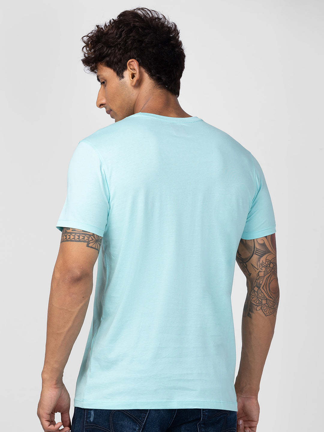 Spykar Men Bleached Aqua Cotton Regular Fit Half Sleeve Printed T-Shirt