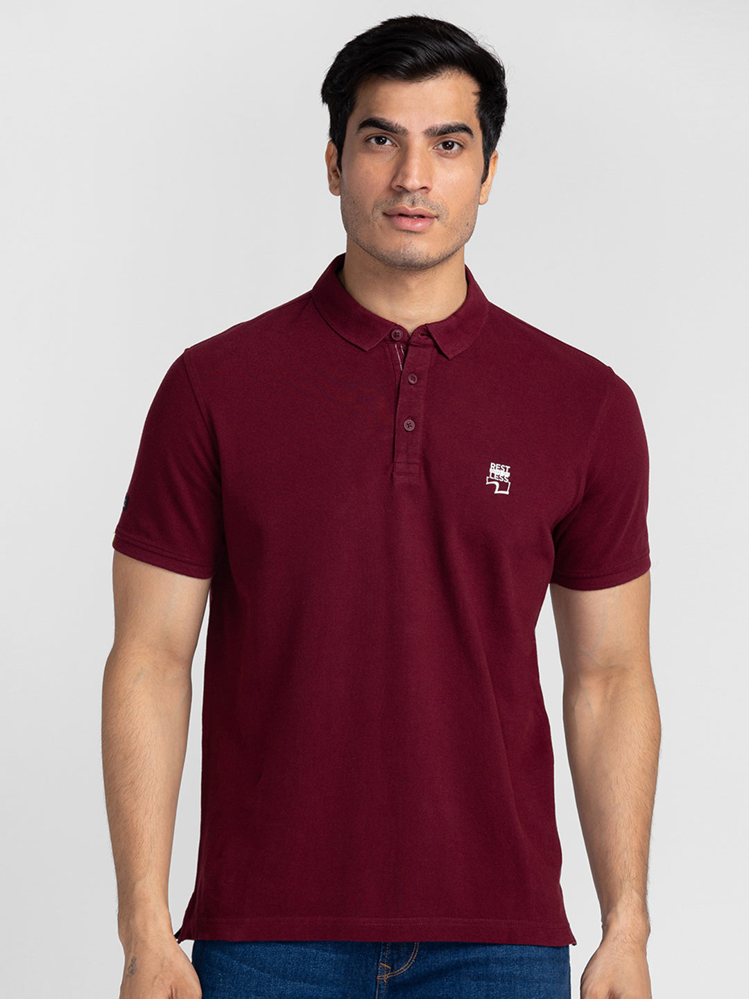 Spykar Men Wine Cotton Slim Fit Polo Printed T-Shirt