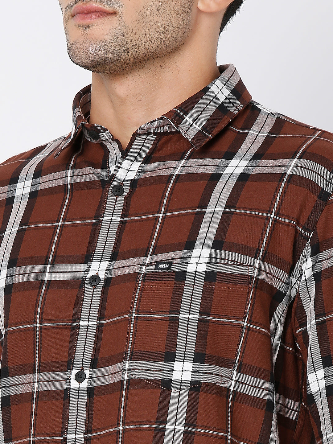 Spykar Men Brown Cotton Slim Fit Checkered Shirt