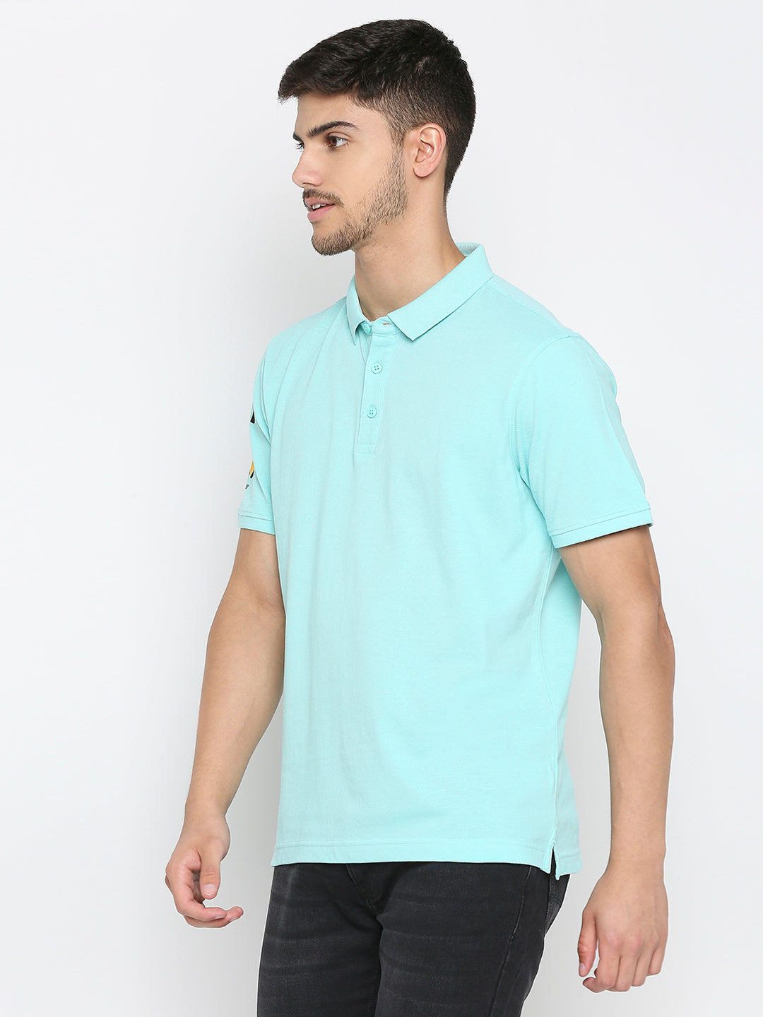 Spykar Bleached Aqua Cotton Half Sleeve Plain Polo T-Shirt For Men