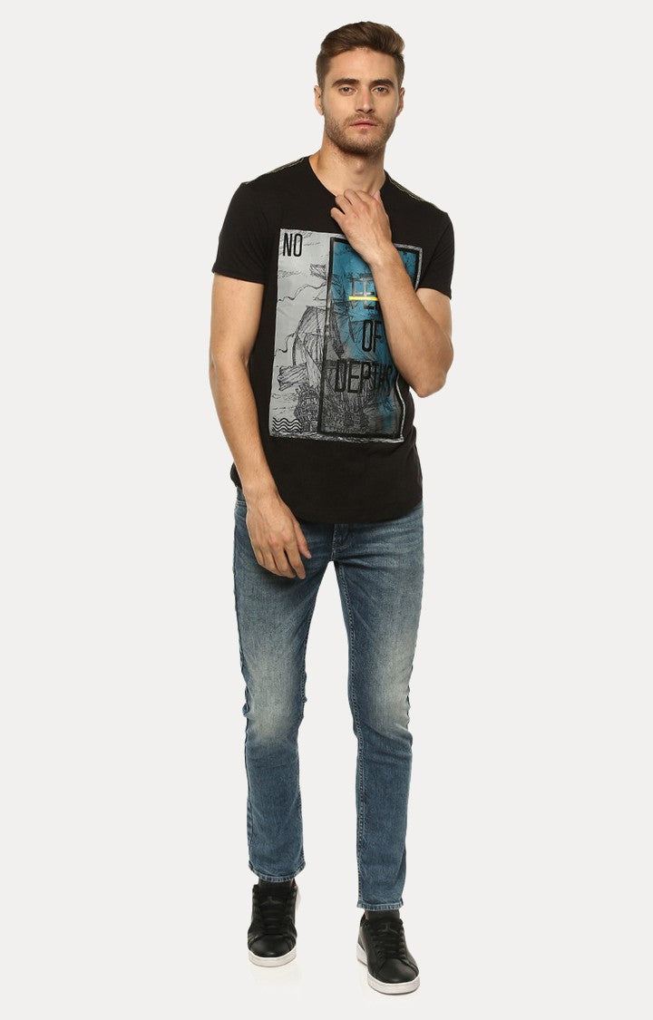 Spykar Black Printed Slim Fit Men T-Shirts