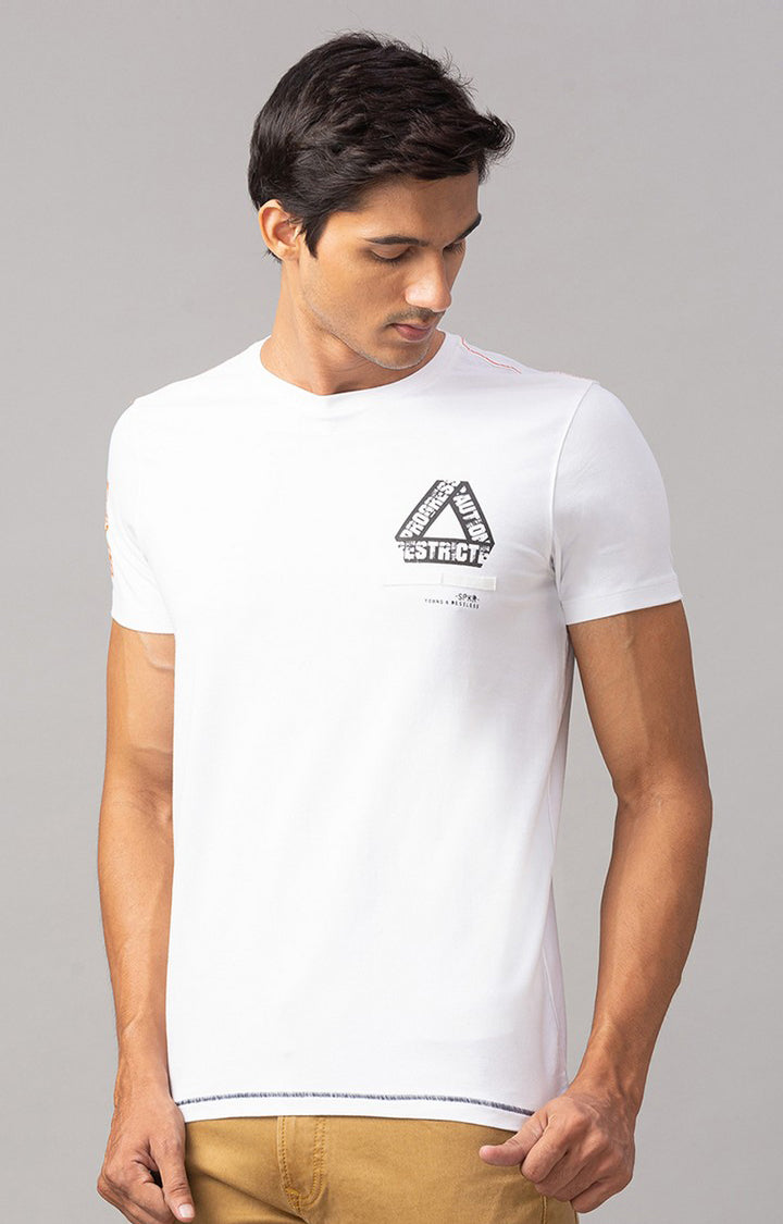 Spykar White Cotton Slim Fit T-Shirt For Men