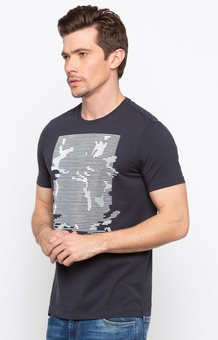 Spykar Charcoal Black Printed Slim Fit Men T-Shirts