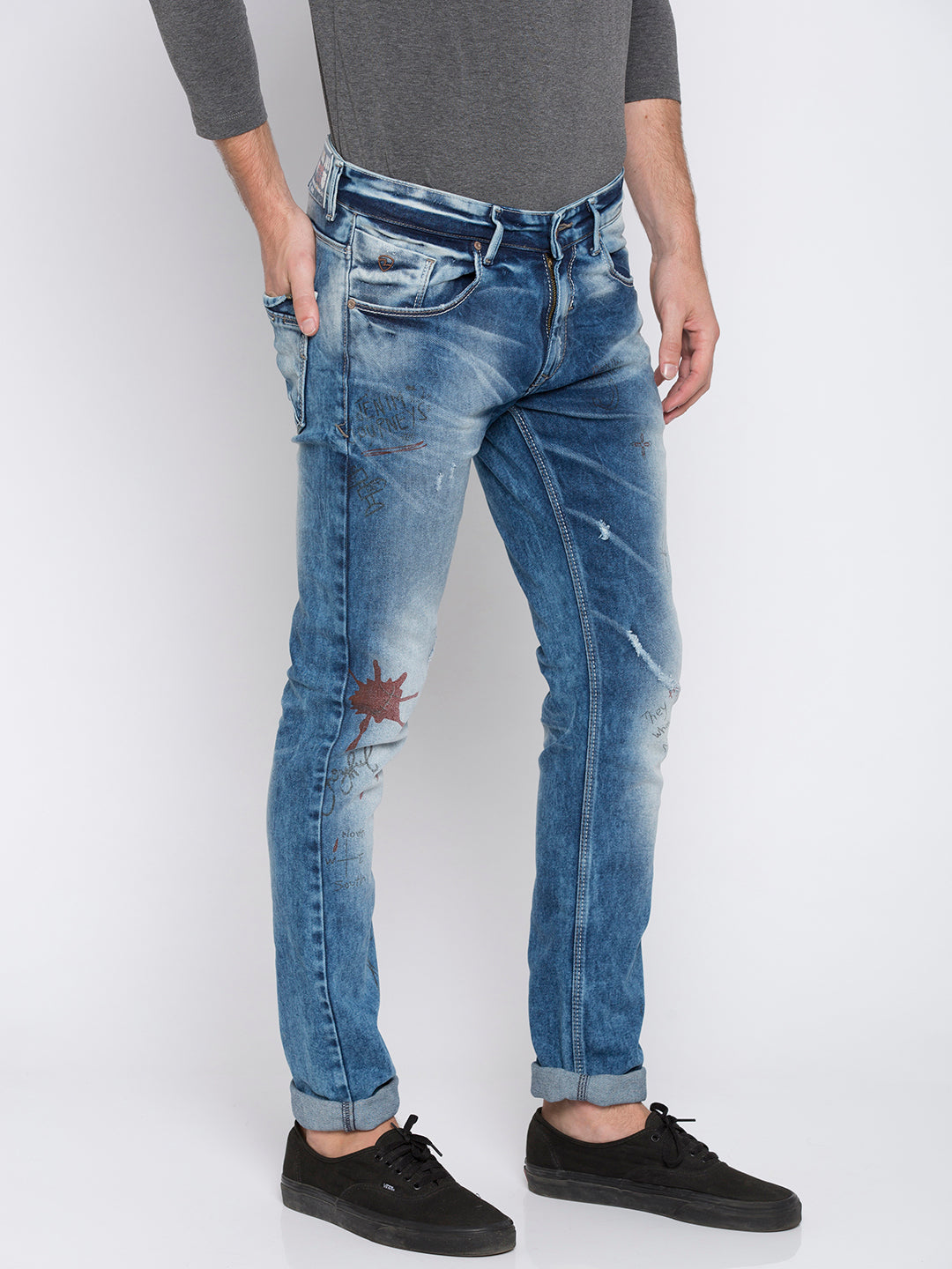 Spykar Men Mid Blue Printed Skinny Fit Jeans