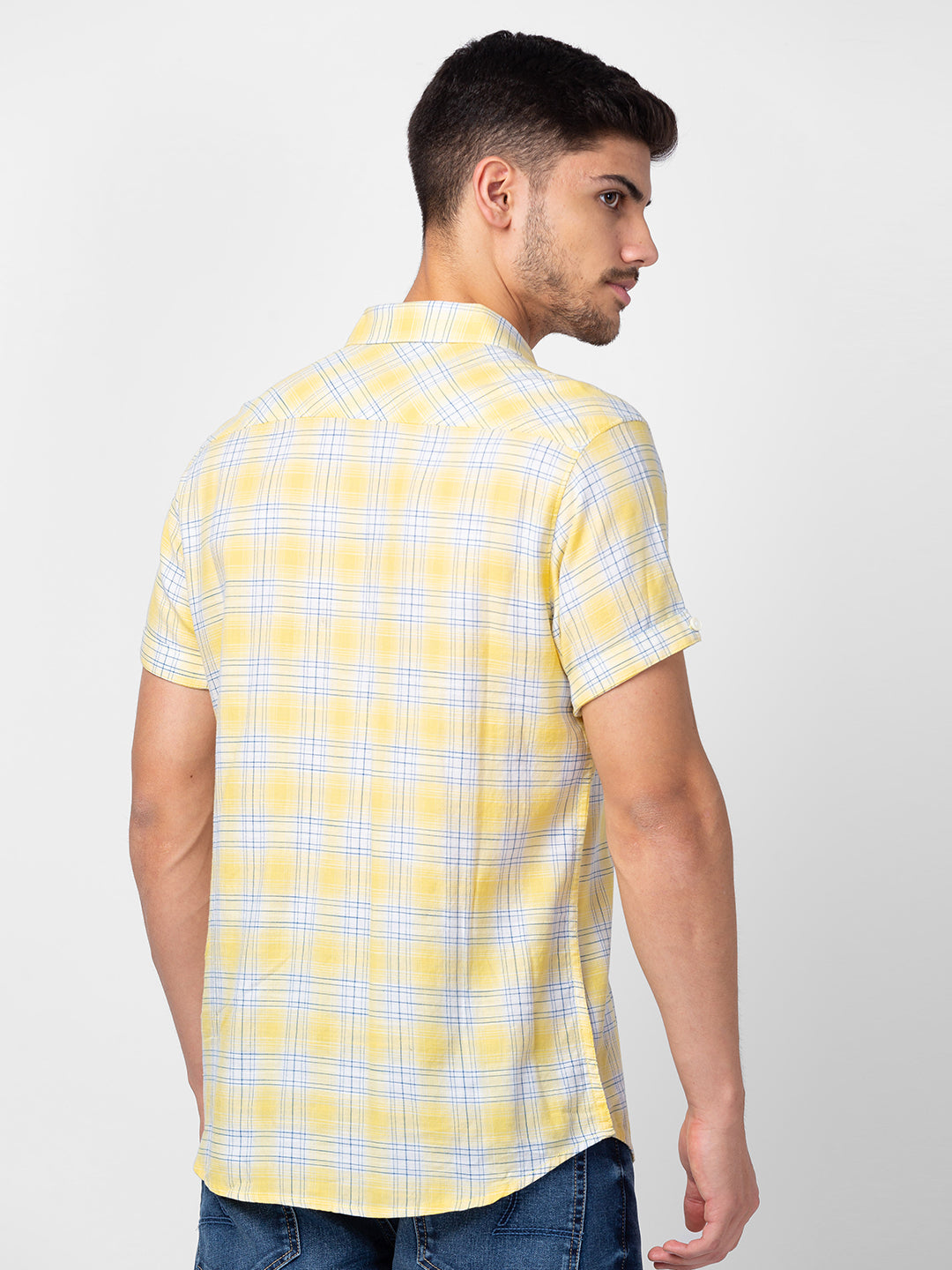 Spykar Men Powder Yellow Cotton Slim Fit Checkered Shirt