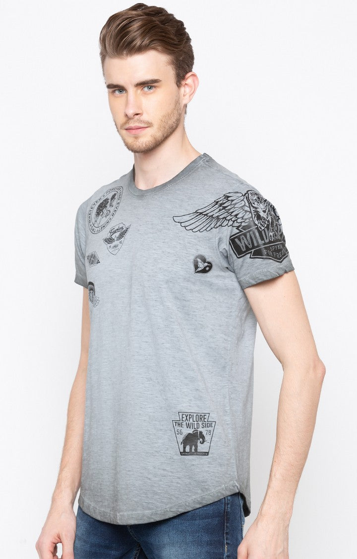 Spykar Grey Printed Slim Fit Men T-Shirts