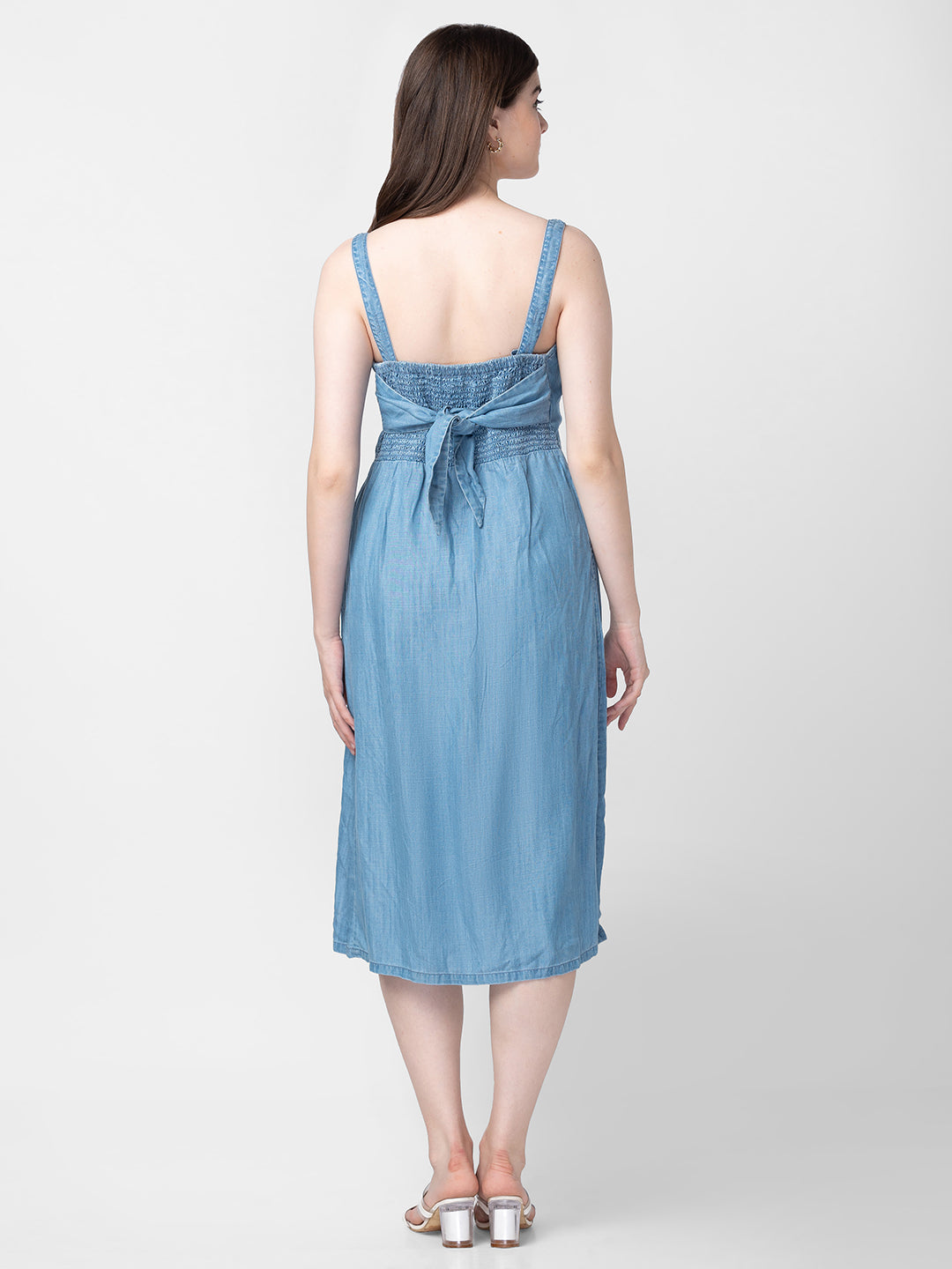 Spykar Women Ice Blue Cotton Sleeveless Knee Length Denim Dress