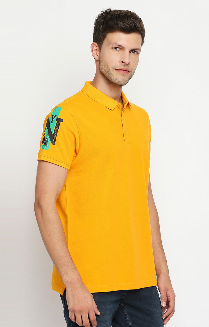 Spykar Men Yellow Cotton Printed Half Sleeve Polo T-Shirt