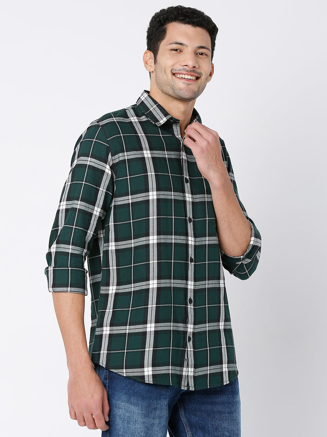 Spykar Men Bottle Green Cotton Slim Fit Checkered Shirt