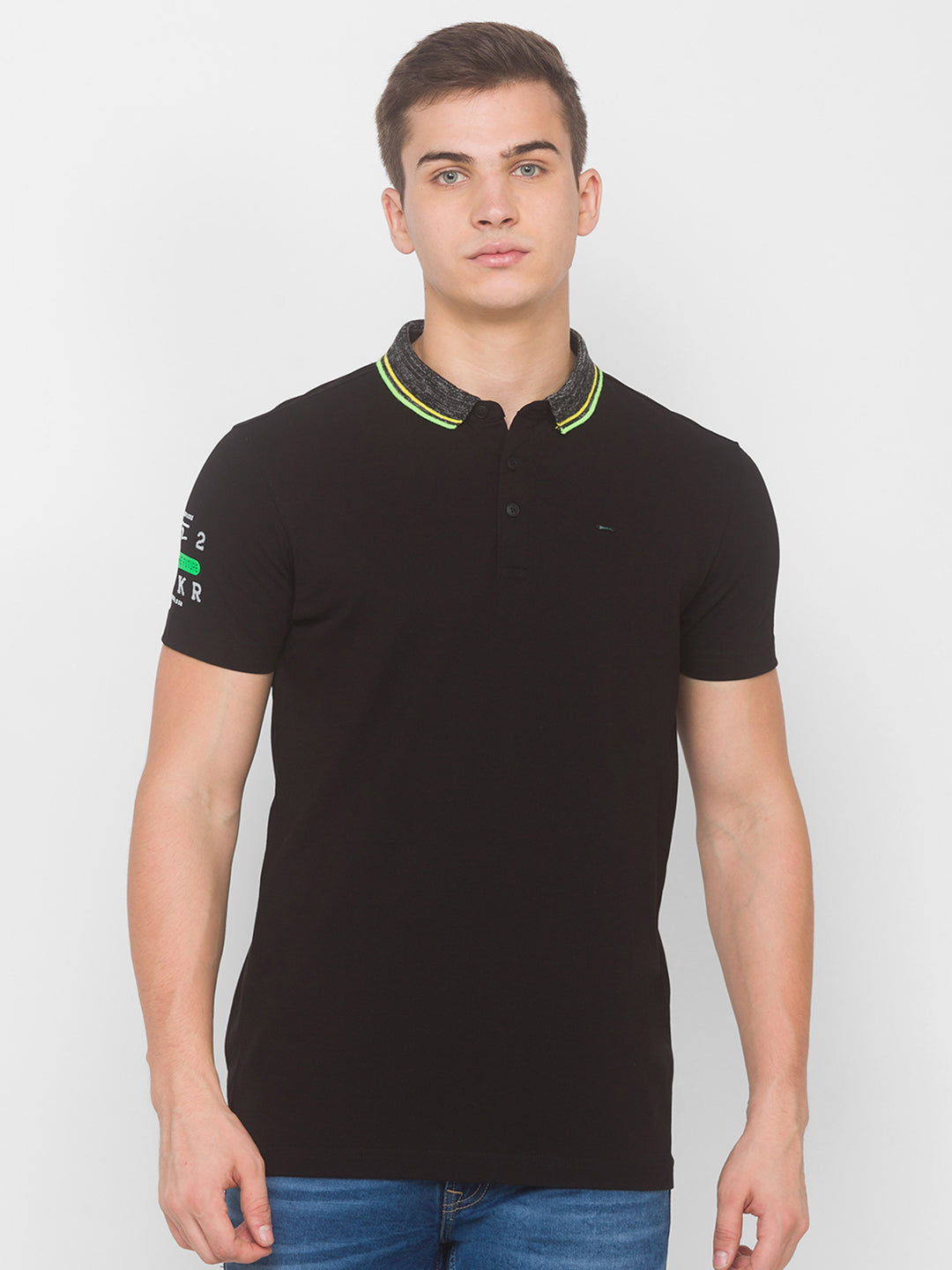 Spykar Men Black Cotton Slim Fit Polo T-Shirt