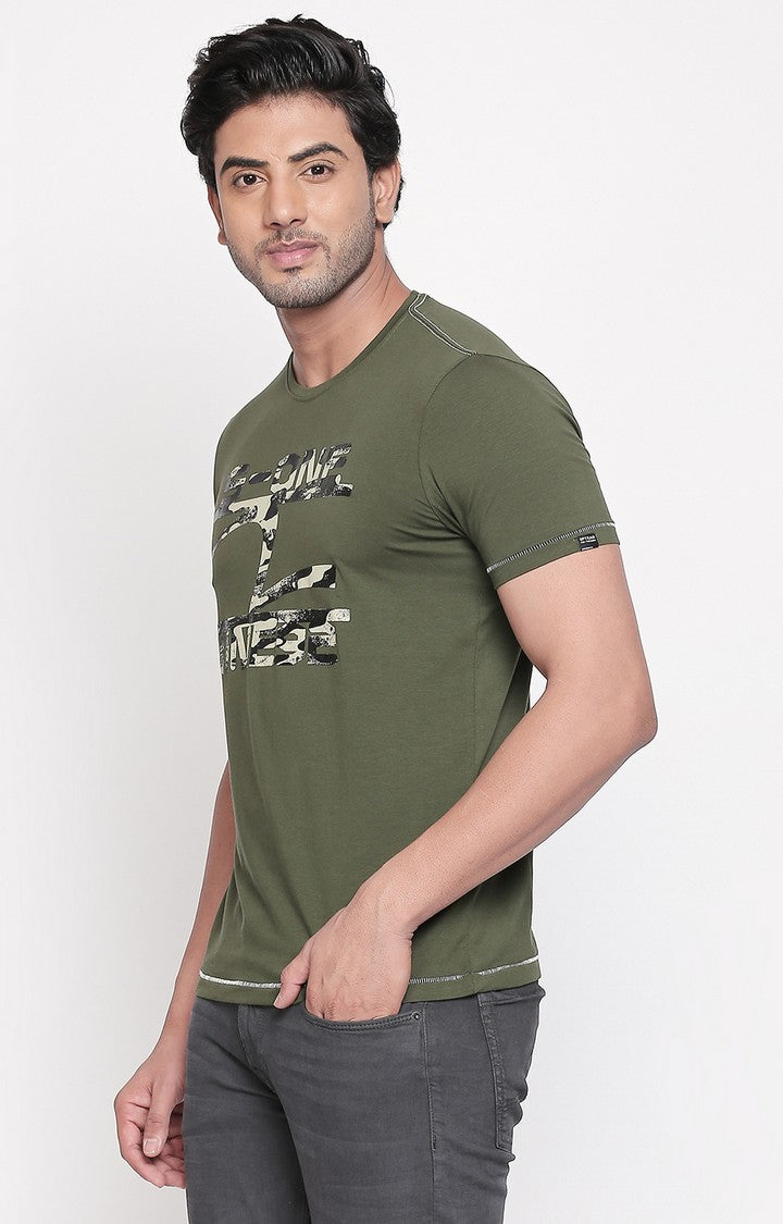 Spykar Olive Printed Slim Fit Men T-Shirts