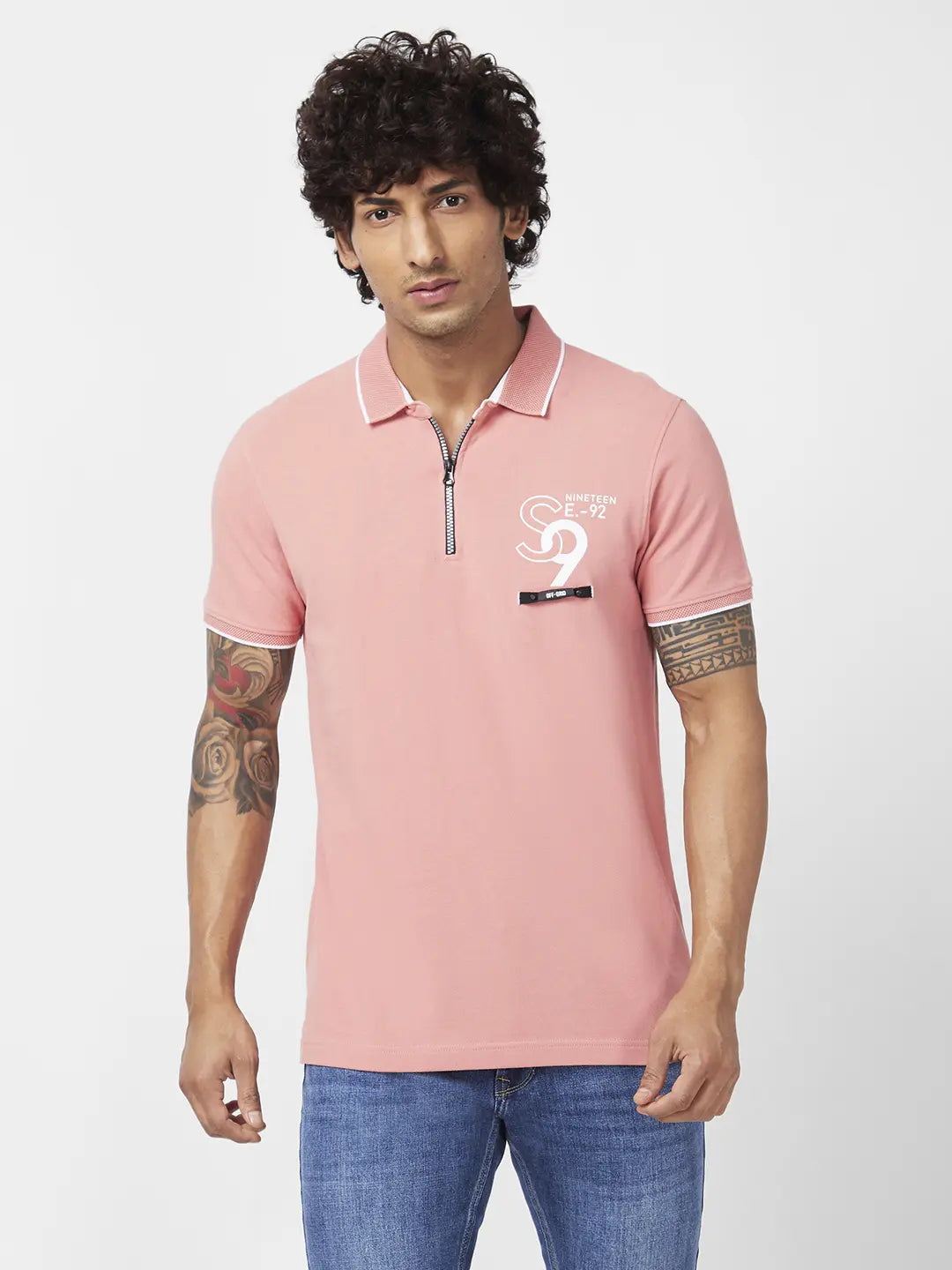 Spykar Men Dusty Pink Cotton Slim Fit Half Sleeve Polo Neck Plain Tshirt