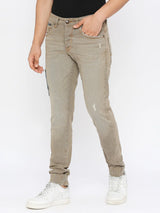 Spykar Men Light Khaki Cotton Comfort Fit Narrow Length Mildly Distressed High Rise Jeans-(Trooper)